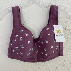 Daisy Cottagecore Front Closure Wireless Bra Women M Purple Floral Snap Front